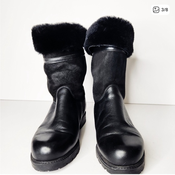 La Canadienne Kosmo Black Leather Suede Fur Shearling Foldover Boots Size 9 - Picture 2 of 5
